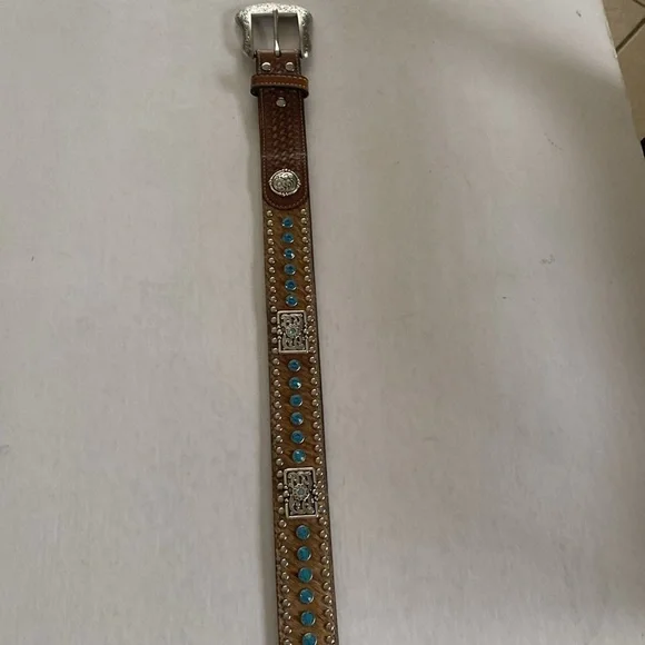 NOCONA Western Leather Belt with Silver Buckle, Rhinestones and calf hair Sz 38